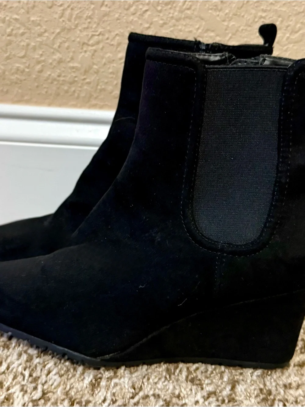 Anne Klein Black Suede Wedge Ankle Boots with Side Zips